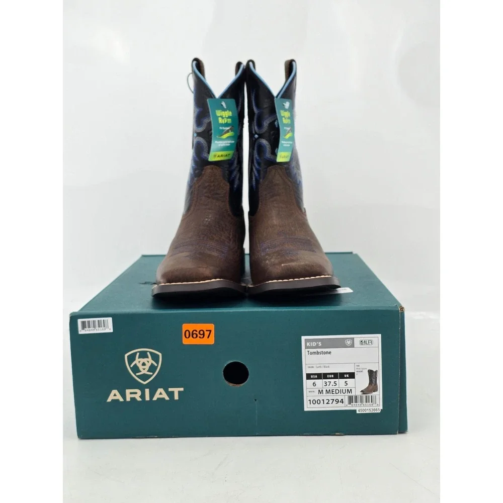 Ariat Tombstone Western Boots Kids 6 Earth Black Leather Wide Square Toe - New